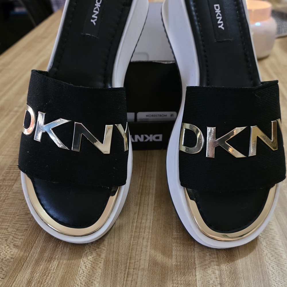 DKNY Black and Gold Slide Sandals